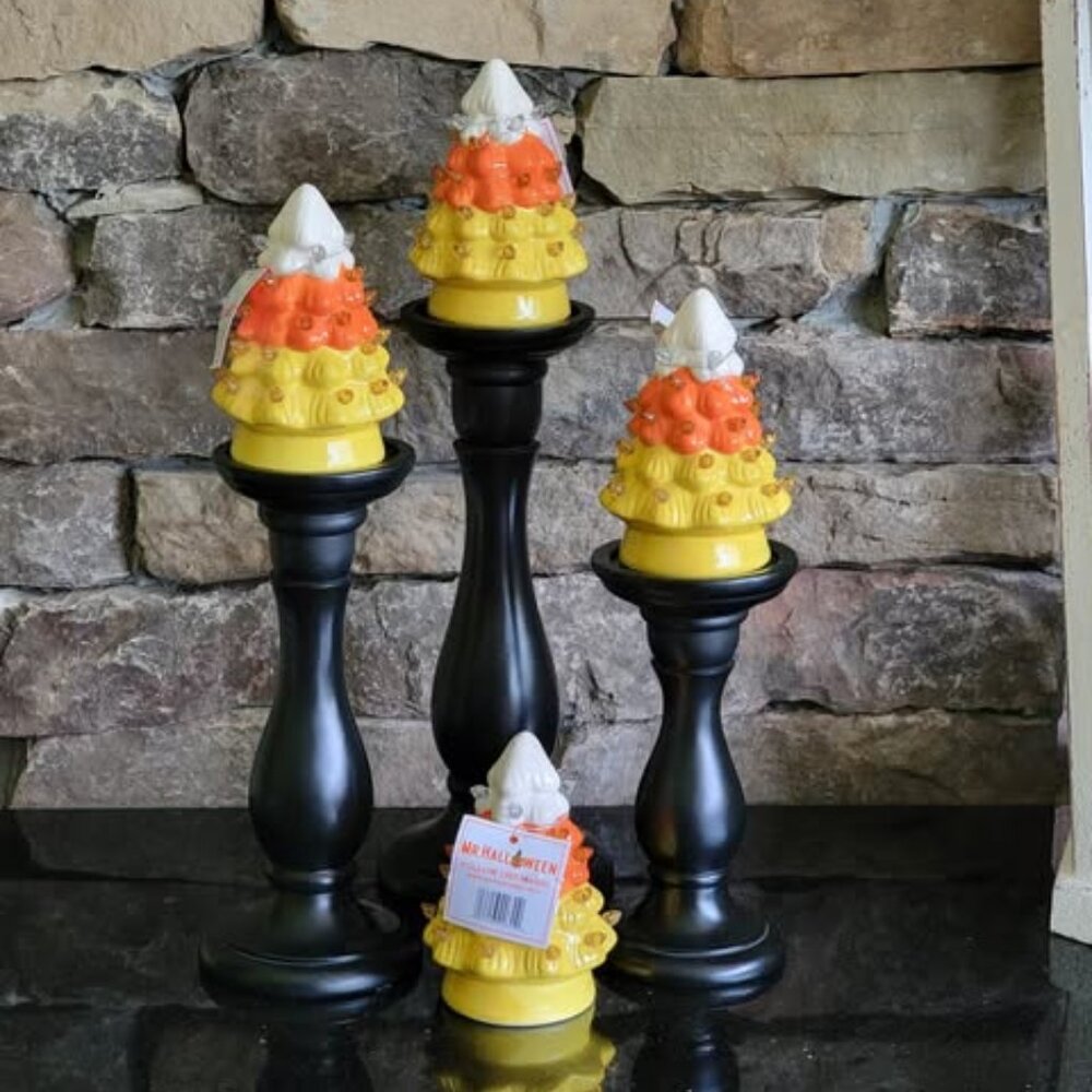 NEW Mr. Halloween Set of 4 Mini Candy Corn Lighted Trees